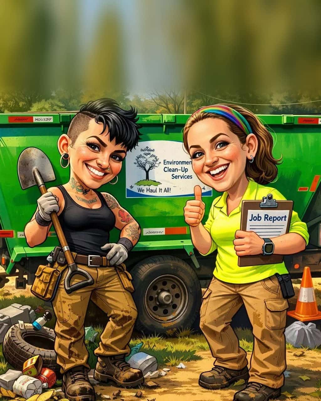 A cartoon of two smiling women in muddy work clothes in front of a green dump trailer signed “Environmental Clean-Up Services, We Haul It All!”: one holds a shovel, the other gives a thumbs-up with a clipboard that reads “Job Report”